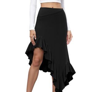 Ruffle Midi Skirts Casual High Waisted Flowy Swing Boho Handkerchief Hemline